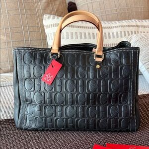 Carolina Herrera Black and Tan Leather Tote